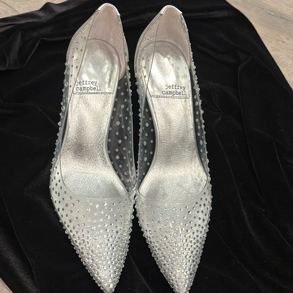 Jefferey Campbell clear silver sequin 3 inch heels.